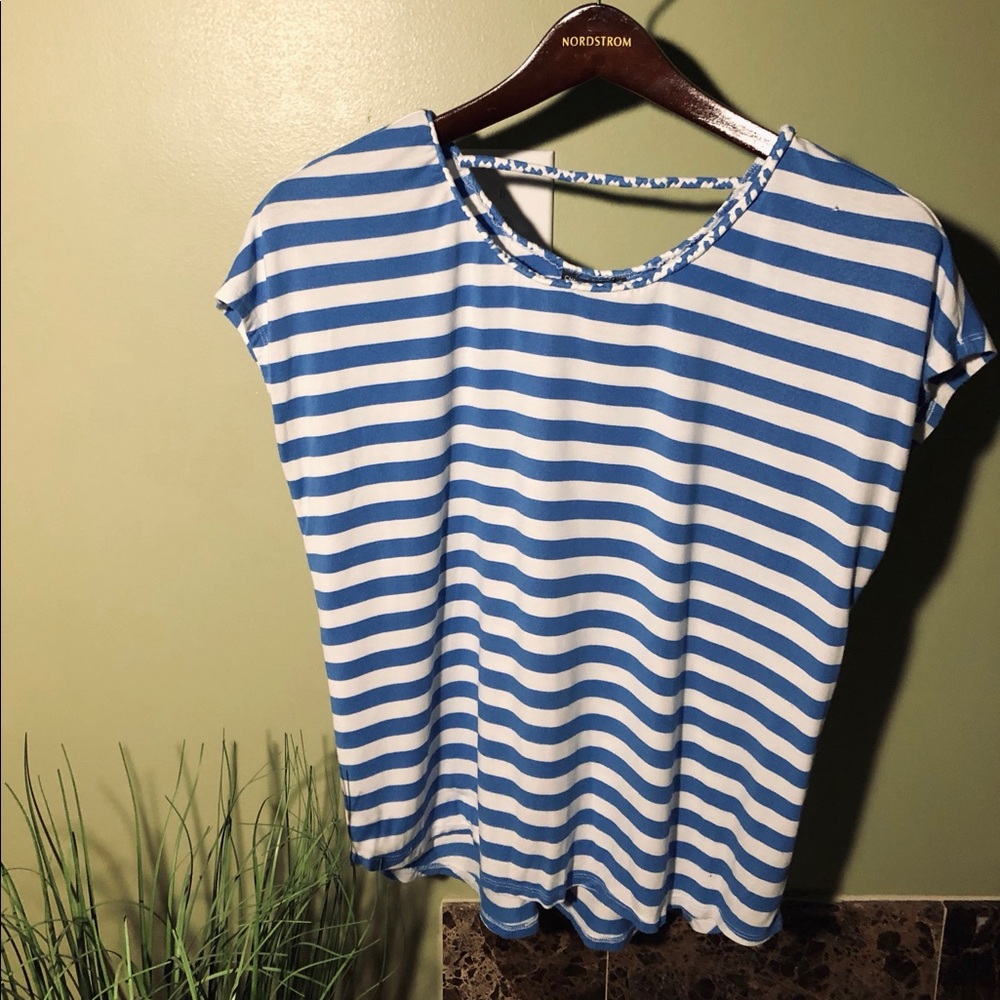 White & Blue Stripped T-Shirt with rope neckline